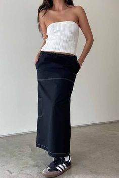 | Cargo Midi Skirt with Contrast Stitch Detail   | 100% Cotton   * MODEL IS 5'7″ AND IS WEARING A SMALL Stylish Midi Skirt, Cargo Midi Skirt, Cargo Pocket, Clothes Horse, Contrast Stitch, Vintage Denim, Boutique Clothing, Midi Length, Clothing Items