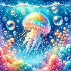 a painting of jellyfish in the ocean with bubbles