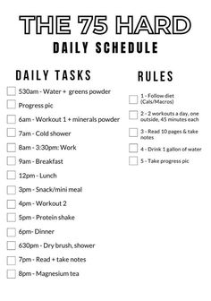 Master the 75 Hard challenge with our daily schedule guide! Stay disciplined with workouts, reading, diet, and more. Achieve mental toughness and transform your life. Are you up for the challenge? 🏋️‍♂️📚🥗 #75HardChallenge #DailyRoutine #SelfImprovement 75 Day Workout Plan, The 75 Hard Challenge, 75 Hard Inspo Board, Diet For 75 Hard Challenge, Diets For 75 Hard, What Is 75 Hard Challenge, 75 Hard Template, 45 Hard Challenge, 70 Days Hard Challenge