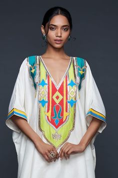 Off white cotton silk kaftan with abstract and placement gota embroidery. - Aza Fashions V Neck Kaftan, Gota Embroidery, Kaftan Pattern, Kaftan For Women, Embroidered Kaftan, Silk Kaftan, Silk Embroidery, Embroidered Silk, Three Quarter Sleeves