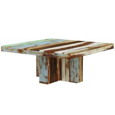 a table made out of wooden planks and painted in blue, brown and white