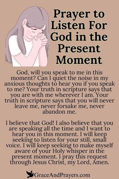 a woman with her hand on her face and the words prayer to listen for god in the