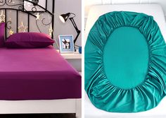 a bed with purple and teal sheets on it next to a photo of a green pillow