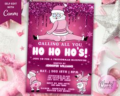 a pink christmas party card with santa clause on it