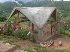 an outdoor structure made out of concrete and wood with plants growing on the ground next to it