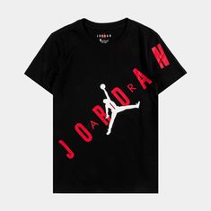 The Jordan Boys Stretch Out Tee is a must-have for any Jordan fan. This shirt is embellished with an enlarged Jumpman front graphic. Black Graphic Tee With Graphic Print, Casual Black Print Top With Graphic Design, Casual Black Graphic Print Top, Black Shirt With Front Print For Summer, Trendy Black Shirt With Graphic Print, Trendy Black T-shirt With Front Print, Sporty Black Shirt With Logo Print, Casual Black Shirt With Letter Print, Black Graphic Tee Shirt With Screen Print