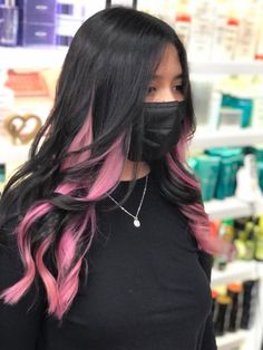 Pastel Pink Highlights In Black Hair, Black Hair Pink Money Piece, Black Hair With Pink Tips, Black Hair With Pink Highlights, Zodiac Magic, Hair Dyed Underneath, Hair Color Swatches, Two Color Hair