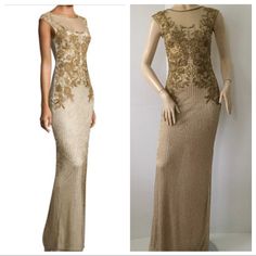 Parker Black / Nude Gown W/ Golden Embellishments Modeled On A Usa Size 6 Mannequin Size Small /Size Tag Is Not Attached. Best To Fit Usa 4 Thru 6. Retails At $768 Store Display Line Through Label. This Gown Is Stunning. As With All Heavily Embellished Gowns, Beads Or Embellishments Could Be Missing Extra Bead Packet Included. Gold Fitted Long Evening Dress, Gold Fitted Long Dress Gown, Gold Embellished Maxi Dress For Prom, Gold Embellished Maxi Dress For Gala, Fitted Embellished Gold Maxi Dress, Fitted Embellished Mother Of The Bride Evening Dress, Embellished Fitted Mother Of The Bride Dress, Fitted Beige Floor-length Evening Dress, Fitted Gold Mother Of The Bride Dress For Gala