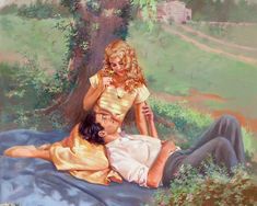 a painting of a man laying on the ground next to a woman who is touching her hair