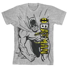 The newest generation of Batman fans are sure to love this youth gray graphic tee! The stitched superhero and logo tee features a big, colorful graphic that has been professionally printed to ensure long-lasting print quality. The DC Comics superhero fan apparel is athletic heather gray, and has short sleeves for comfort and style in any weather. The Batman apparel is made of 100% preshrunk cotton jersey. It can be machine washed in cold water with like colors, then tumble dried for easy care. A Gray Graphic Tee, Batman And Batgirl, Stitch Character, Dc Comics Superheroes, The Batman, Logo Tee, Logo Tees, Logo Graphic, Heather Gray