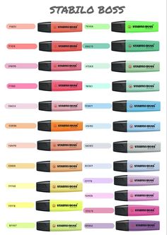 different colored markers with the words stabilo boss written on them in black and white