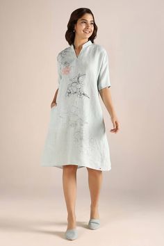 Ice blue dress with hand drawn floral doodles, thread applique embroidery in floral work and textured pattern. - Aza Fashions Ice Blue Dress, Floral Doodles, Linen Embroidery, Floral Doodle, Floral Work, Hand Drawn Floral, Drawn Floral, Floral Embroidered Dress, Embroidery Floral