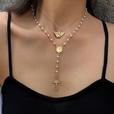 5 business days order processing time. 35cm + 7cm adjustable chain Vintage Chain Necklace, Pearl Necklace Vintage, Angel Necklace, Gold Cross Necklace, Rosary Necklace, Gold Cross Pendant, Gold Pearl Necklace, Geometric Necklace, Gold Necklace Layered