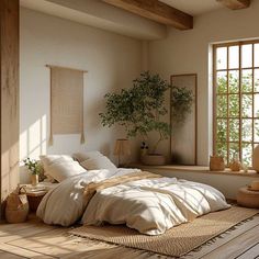 a large bed sitting in a bedroom next to a wooden window sill on top of a hard wood floor