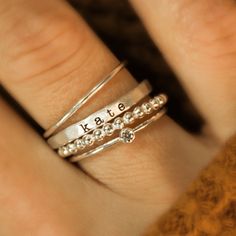 The Everly Set in Silver - TYI Jewelry Mom Rings, Name Rings Silver, Personalized Stackable Rings, Birthstone Band, Jewelry Name, Stackable Rings Silver, Mom Ring, Name Ring, Beaded Ring