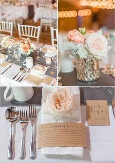 the table is set with silverware, napkins, and flower centerpieces