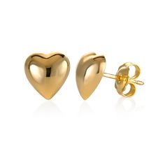 in stock Classic Pierced Gold Heart Earrings, Classic Gold Pierced Heart Earrings, Classic Gold Earrings For Valentine's Day, Classic Gold Heart Earrings For Formal Occasions, Tarnish Resistant Yellow Gold Sterling Silver Heart Earrings, 14k Gold Shiny Finish Earrings For Anniversary, 14k Gold Earrings With Shiny Finish For Anniversary, Anniversary 14k Gold Earrings With Shiny Finish, Valentine's Day Polished Finish Earrings