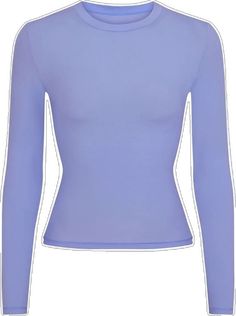 Fitted Purple Crew Neck T-shirt, Fitted Purple T-shirt For Spring, Fitted Long Sleeve Purple T-shirt, Purple Stretch Crew Neck Top, Trendy Purple Long Sleeve Tops, Purple Long Sleeve Trendy Tops, Trendy Long Sleeve Purple Top, Trendy Blue High-stretch Tops, Fitted Purple T-shirt With Crew Neck