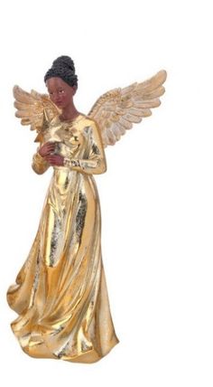 a gold angel figurine holding a ball