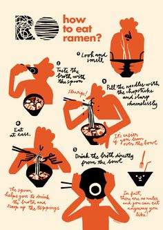 an orange and white poster with instructions on how to eat ramen in different ways