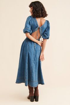 Puff-Sleeve Seamed Denim Dress | Nuuly Spring Denim Blue Puff Sleeve Denim Dress, Fall Denim Puff Sleeve Dress, Chic Denim Blue Puff Sleeve Dress, Chic Puff Sleeve Cotton Denim Dress, Vintage Long-sleeve Denim Dress For Spring, Plaid Wrap Dress, Long Sleeve Denim Dress, Native Dress