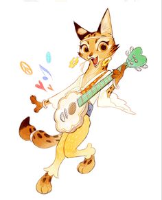 a drawing of a cat with a guitar in its paws and playing the ukulele