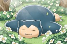 a cartoon cat laying on its back in the grass with daisies and flowers around it