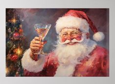 a painting of santa holding a wine glass in front of a christmas tree with lights on it