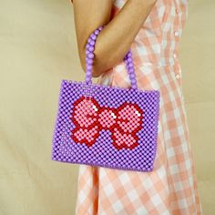 Handmade Bow Beaded Tote Handbag. Each Beaded Is Hand Sewing By Our Artist. -$120 -Purple -Faux Pearl -Two Handle Appxo Measurement: 7.9”W X 7.5”W Pony Bead Bag, Pom Pom Tote Bag, Turquoise Purse, Funky Purses, Canvas Bag Diy, Hand Beaded Bag, Bow Bag, Womens Crochet Patterns, Diy Bags Patterns