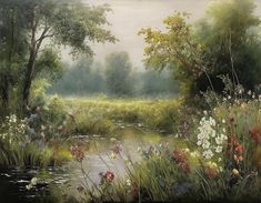 an oil painting of flowers and trees by the water