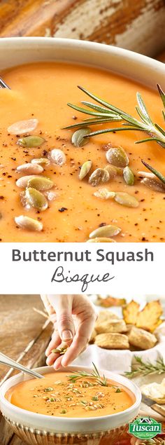 two pictures of butternut squash bisque with text overlay