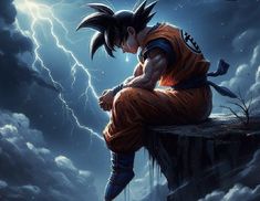 a young man sitting on top of a cliff in front of storm clouds and lightning