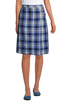 The ultimate classic — a Plaid A-line Skirt — it's an integral part of the timeless school wardrobe. But you'd be hard pressed to find another with the easygoing comfort of this one. Not only does the smooth polyester/rayon blend drape elegantly, but it also resists wrinkles to keep you looking neat and poised from first class to last bell (and all your activities in between). Button/zip closure at side seam. One right onseam pocket. Below-the-kneelength. Below-the-knee;length Soft, smooth blend Last Bell, Blue Plaid, A Line Skirt, Lands End, A Line Skirts, The Knee, Wrinkles, Size 16, Knee Length