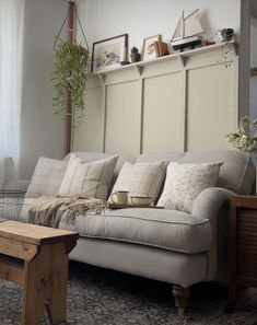 a living room with a couch, coffee table and potted plant on the wall