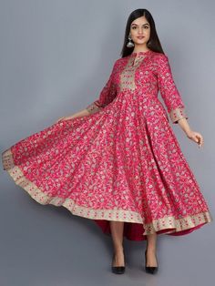 Sizes: To Fit Bust(in inches): S(34), M(36), L(38), XL(40), 2XL(42), 3XL(44) Length: 50inches PRODUCT DETAILS Color: Pink and gold-toned Ethnic motifs printed Round neck Three-quarter, regular sleeves Anarkali shape with regular style Ankle length with flared hem Material & Care Viscose rayon Dry Clean Complete The Look You'll love the elegant design and fit of this stunning kurta from Vitans. Dress up for your next family event by pairing this piece with your best Kolhapuris and simple jewelry.