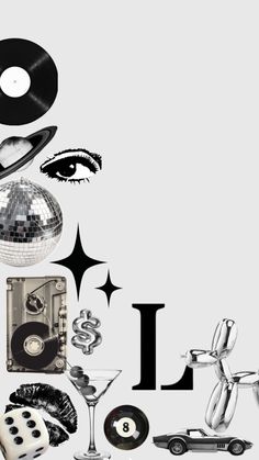 various objects are arranged in the shape of an i love disco ball and record player