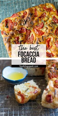 the best focaccia bread recipe is made with fresh tomatoes, cheese and herbs