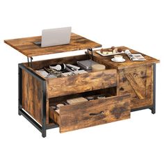 a wooden table with two drawers and a laptop on the top one drawer is open