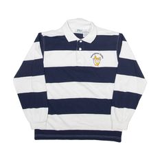 ALL UNIFORM International Studies Polo Shirt Blue Striped Long Sleeve Boys L Blue Collared Tops For College, Classic Long Sleeve Tops For School, Long Sleeve Blue Shirt For College, Blue Long Sleeve Shirt For College, Navy Long Sleeve Top For College, Navy Retro Long Sleeve Top, Retro Long Sleeve Navy Top, Cotton Long Sleeve School Shirt, Striped Long Sleeve Tops For College