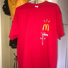 Travis Scott Brand New Employee Uniform, Uniform Shirts, Work Uniforms, Adulting Shirts, Crew Shirt, Travis Scott, Shirt Color, Red Yellow, Tshirt Logo