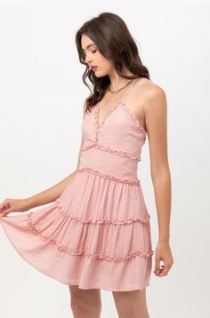 You'll look as good as you feel in the Gina Blush Pink Ruffle Mini Dress! Blush pink gauzy fabric forms this comfy and cute dress with adjustable spaghetti straps that criss-cross in the back, a deep V-neckline, and a mini skater skirt. Tiered ruffle trim, a fitted empire waist, sleeveless bodice, and A-line skirt. Hidden back zipper/clasp. DETAILS & CARE Rayon. Machine wash cold. Imported. Pink Ruffle Mini Dress, Dress Blush Pink, Skirt Tiered, Mini Skater Skirt, Bohemian Dresses, Boho Pink, Boho Chic Dress, Boho Dresses, Backless Mini Dress