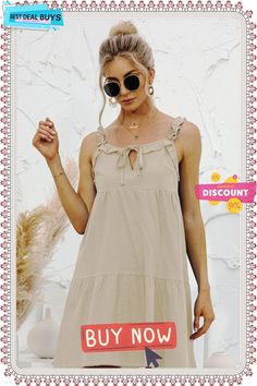 Sling Style Women's Sexy Ruffle Solid Color Dress Beige Ruffles Sundress For Party, Chic Suspender Dress With Sling For Day Out, Beige Mini Suspender Dress For Summer, Beige Sundress With Spaghetti Straps And Ruffles, Flirty Sleeveless Suspender Dress For Brunch, Summer Sleeveless Suspender Dress With Bow Straps, Summer Beige Strapped Mini Dress, Summer Mini Dress With Bow Straps For Date Night, Chic Beige Suspender Dress For Spring