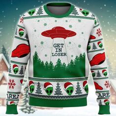 an ugly christmas sweater with the words get in closer on it and aliens flying through the sky