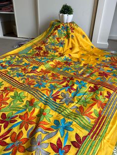 Women traditional  work Kantha stitch on blended bangalore  silk saree , all over hand work ..  With blouse piece  Extra charges for false and picco  Saree length .6.5 mtr with out bp  Bp  2.5 mtr. Bohemian Tussar Silk Embroidered Saree, Bohemian Embroidered Dola Silk Saree, Bohemian Tussar Silk Saree With Resham Embroidery, Multicolor Embroidered Paithani Silk Saree, Yellow Bohemian Chanderi Saree, Bohemian Yellow Chanderi Saree, Yellow Embroidered Saree Fabric With Motifs, Yellow Bohemian Art Silk Saree, Festival Silk Thread Saree With Motifs