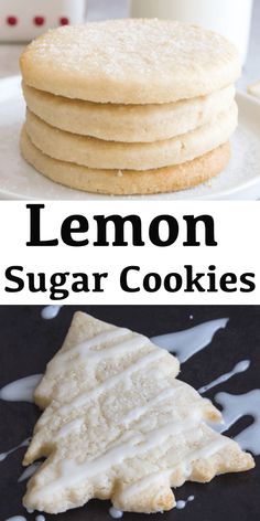 lemon sugar cookies with icing on the top and bottom are shown in three different pictures