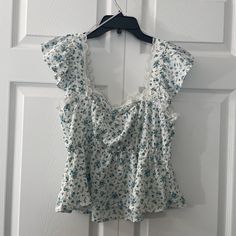 E & M Size L Blue Floral Print Lace Ruffle Lined #2 Lace Shirts, White Blouse Top, Teal Blouse, Floral Ruffle Top, Leopard Blouse, Blue Floral Blouse, Mock Neck Blouse, Long Sleeve Striped Top, High Neck Long Sleeve