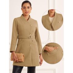 This coat features a stand collar, long sleeves, a belted waist, and a button-down front, making it the perfect addition to your winter wardrobe. The stand collar adds a touch of refinement and provides extra coverage against chilly winds. Whether you choose to cinch it in for a more tailored look or leave it loose for a relaxed and effortless vibe, the belt adds a stylish element to the coat's design. Beige Long Sleeve Outerwear With Belt, Beige Belted Pea Coat For Work, Beige Belted Outerwear For Fall, Beige Belted Outerwear For Office, Belted Button-up Outerwear For Work, Fitted Button-up Outerwear With Belted Cuffs, Winter Outerwear With Lapel Collar And Belt, Winter Outerwear With Belt And Lapel Collar, Stand Collar Pea Coat With Pockets For Work