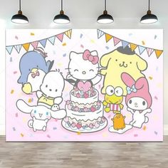 an image of hello kitty birthday party with cake and cats on the wall behind it