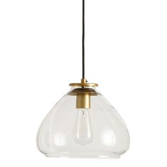 a clear glass light hanging from a brass colored ceiling fixture with a black cord attached to it