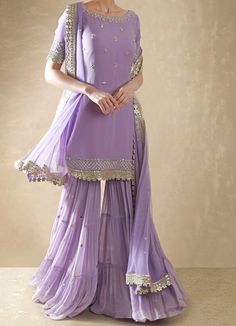 Lilac Georgette Kurta Sharara Set Renee - Fabilicious Fashion Lilac Sharara, Georgette Kurta, Sharara Designs, Kurta Sharara Set, Kurta Sharara, Party Wear Indian Dresses